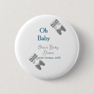 Grijze vlinder blauwe baby shower oh baby modern e ronde button 5,7 cm