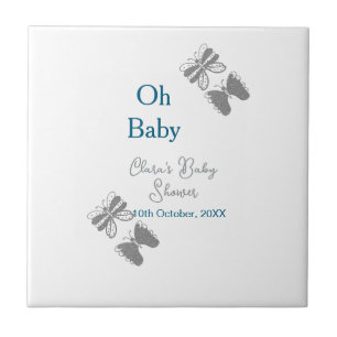 Grijze vlinder blauwe baby shower oh baby modern e tegeltje