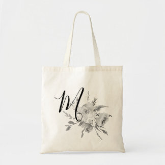 Grijze Waterverf Floral Monogram Initiaal Tote Bag
