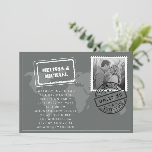 Grijze Wereldkaart bestemming bruiloft Kaart (Staand voorkant)