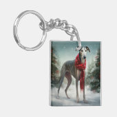 Grijze windhond in sneeuw Kerstmis Sleutelhanger (Voorkant Links)