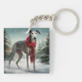 Grijze windhond in sneeuw Kerstmis Sleutelhanger (Achterkant)