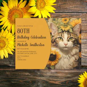 Grijze Witte Kat Gele Zonnebloemen 80ste Verjaarda Kaart