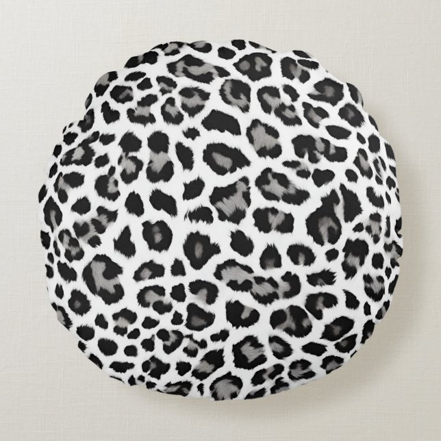 Grijze Witte Sneeuw Leopard Print Rond Kussen (Voorkant)