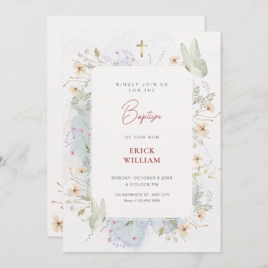 Grijze witte wilde bloemen waterverf doop kaart (Voorkant / Achterkant)