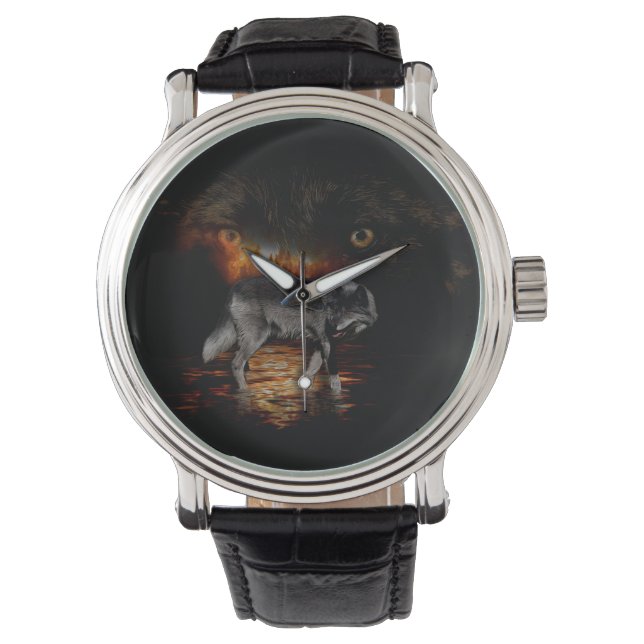 Grijze wolf en ontwerp van het vuur horloge (Voorkant)