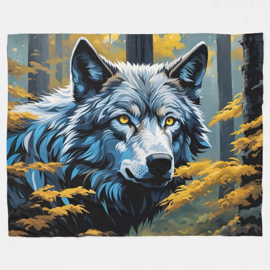 Grijze Wolf in Gouden Bos Fleece Deken (Voorkant (Horizontaal))