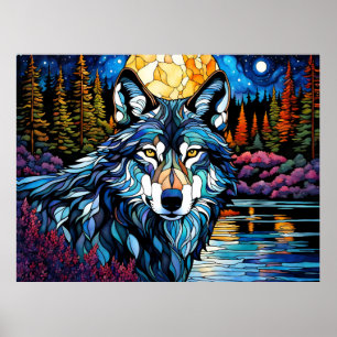 Grijze Wolf in het bos Glas in lood Kijk Poster