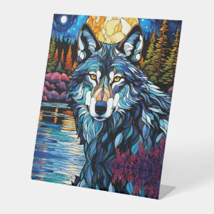 Grijze Wolf in het bos Glas in lood Kijk Reclamebord Met Voetstuk