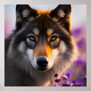 Grijze wolf in paarse bloemen poster