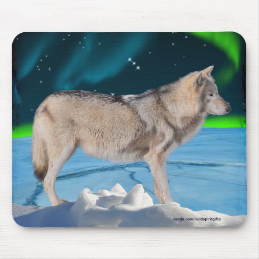 Grijze Wolf & Noorderlicht Fantasy Mousepad Muismat (Voorkant)