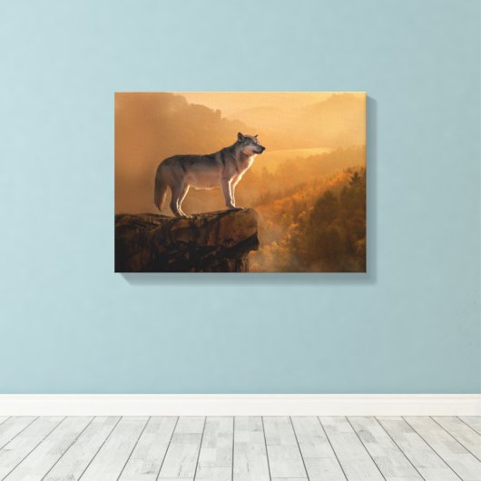 Grijze wolf op een rots in het bos canvas afdruk (Insitu (Houten vloer))