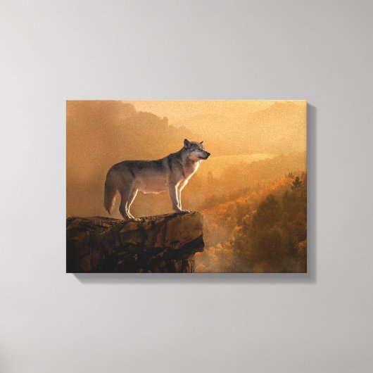Grijze wolf op een rots in het bos canvas afdruk (Voorkant)
