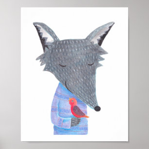 Grijze Wolf Rode Vogel Bos Illustratie Poster