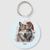 Grijze Wolf Santa Hat Monogram Naam Jaar Kerstmis Sleutelhanger (Voorkant)
