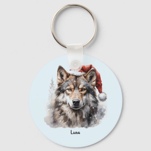 Grijze Wolf Santa Hat Monogram Naam Jaar Kerstmis Sleutelhanger (Voorkant)