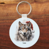 Grijze Wolf Santa Hat Monogram Naam Jaar Kerstmis Sleutelhanger (Achterkant)