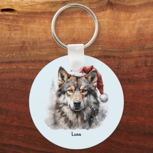 Grijze Wolf Santa Hat Monogram Naam Jaar Kerstmis Sleutelhanger (Voorkant)