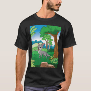 Grijze wolven die door het bos lopen met blu t-shirt