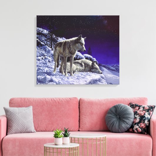 Grijze wolven in wintersneeuw bij nacht canvas afdruk (Insitu (Woonkamer))