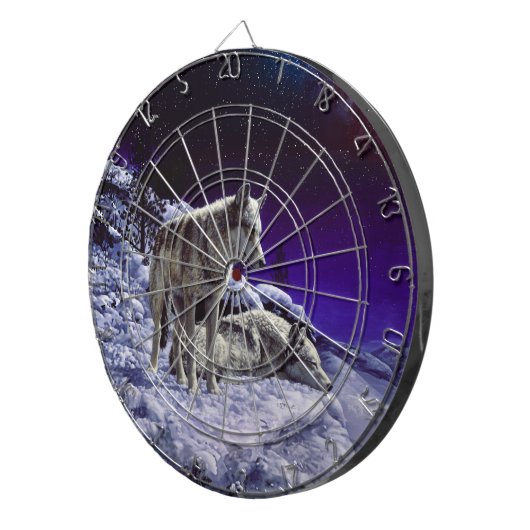 Grijze wolven in wintersneeuw bij nacht dartbord (Voorkant Rechts)