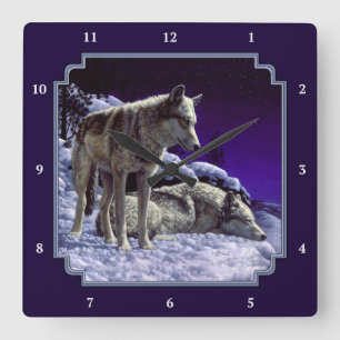 Grijze wolven in wintersneeuw bij nacht vierkante klok