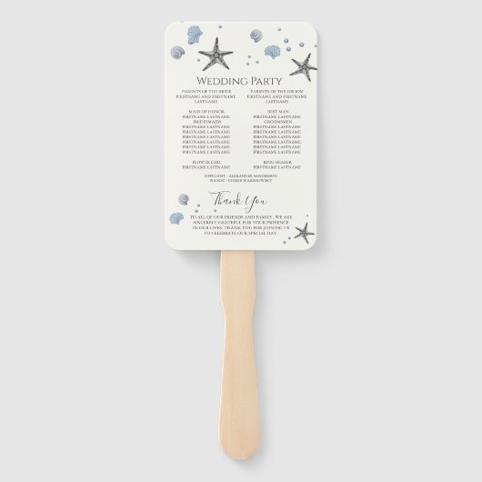 Grijze Zeester Blauwe Schelp ceremonieprogramma Handwaaier (Achterkant)