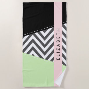 Grijze Zigzag, Grijze Chevron, Mint, Uw Naam Strandlaken