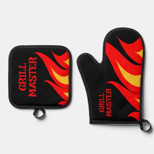 Grill Master BBQ vuur vlammen gepersonaliseerd Ovenwant & Pannenlap Set (Voorkant)