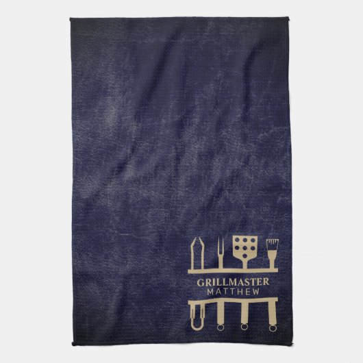 Grill master classic navy leder BBQ tools name Theedoek (Verticaal)