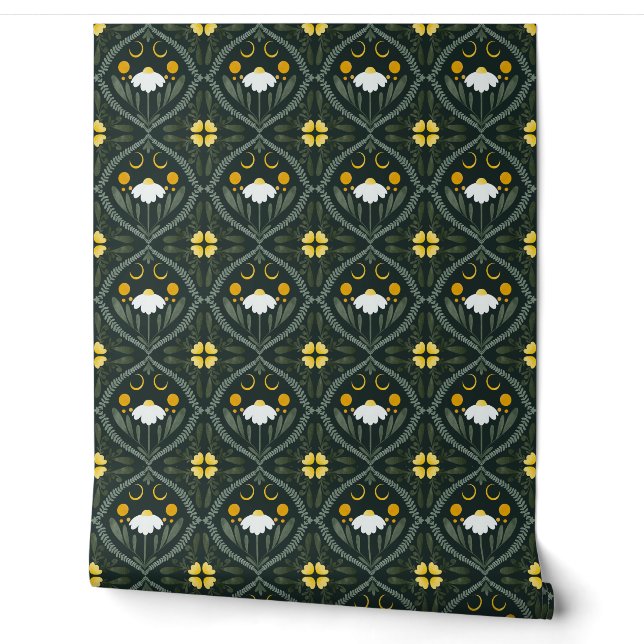 Grille de fleur de lune | Papier peint vert foncé  (Déroulement)