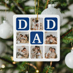 Grille multiphoto moderne mignon cadeau DAD<br><div class="desc">Créez votre propre ornement de Noël DAD avec ce montage et ce texte de grille multi-photo moderne. Design dispose de 6 Photographies avec des carrés d'angle incurvés avec le texte DAD en blocs bleu foncé qui peuvent être changés en n'importe quelle couleur. Au verso, le texte 'World's Best Daddy' avec...</div>