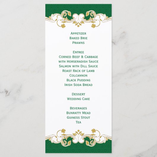 Grilles or blanc vert, carte menu Shamrock (Dos)