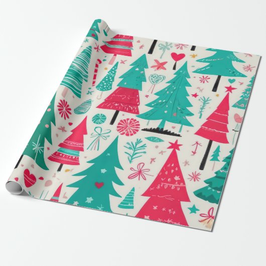 grillig feestelijk kerstboompatroon cadeaupapier (Uitgerold)