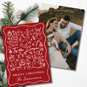 Grillig met de hand getekend rood & wit foto Kerst Feestdagenkaart
