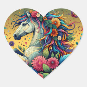 grillig paard in kleurrijke bloemen hart sticker