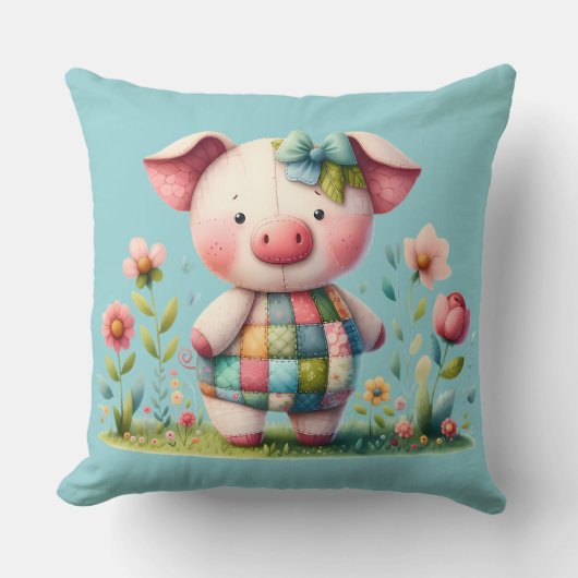 Grillig patchwork varken in bloementuin kussen (Voorkant)