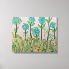 Grillige Aqua Bloemen Canvas Afdruk