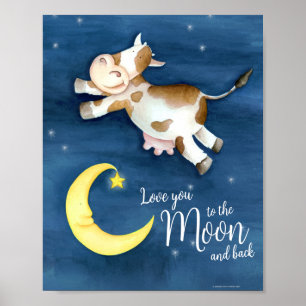 Grillige aquarel kunst koe springt over de maan poster