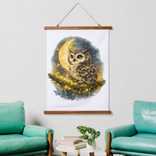 Grillige Aquarel Uil op Wandtapijt met Halvemaan Hangend Wandkleed