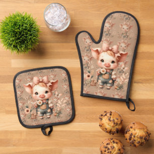 Grillige Big in Pastelkleurige Overall Bruin Ovenwant & Pannenlap Set
