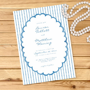 Grillige Blau Witte Aquarel Streep Bruiloft Kaart