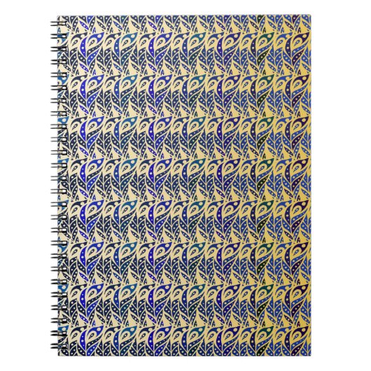 Grillige blauwe en gouden pauwveerpatroon notitieboek (Voorkant)