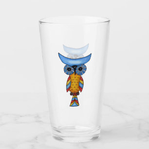 grillige blauwe gele uil kleurrijke veren staart glas