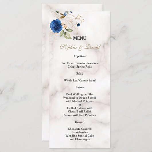 Grillige Blauwe Gouden Bloemen Monogram Bruiloft Menu (Voorkant / Achterkant)