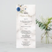 Grillige Blauwe Gouden Bloemen Monogram Bruiloft Menu (Staand voorkant)
