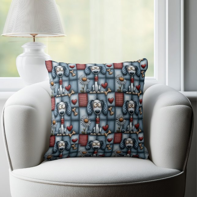 Grillige Blauwe Patchwork Hond Patroon Kussen (Creator heeft geüpload)