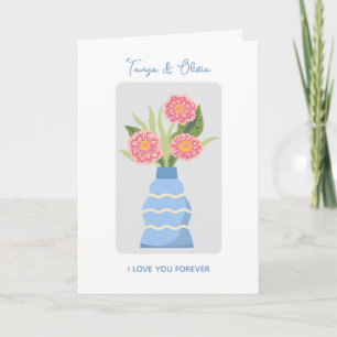Grillige blauwe vaas met illustratie van roze bloe kaart