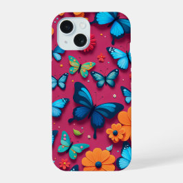 Grillige bloemen en vlinders iPhone 15 hoesje