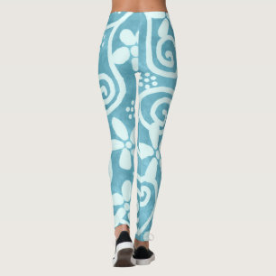Grillige Bloemen & Krullen Blauw Wit Patroon Leggings
